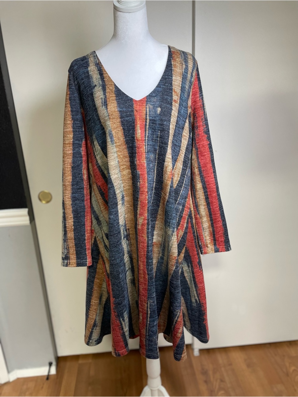 Striped V-Neck A-Line Dress in Navy, Rust & Tan